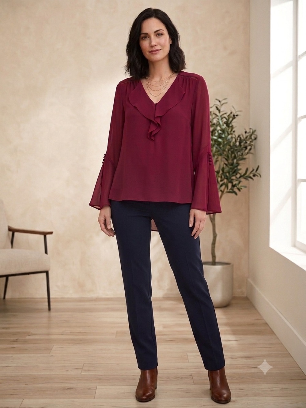WHITE HOUSE BLACK MARKET Burgundy Ruffle V-Neck Blouse. Size 8